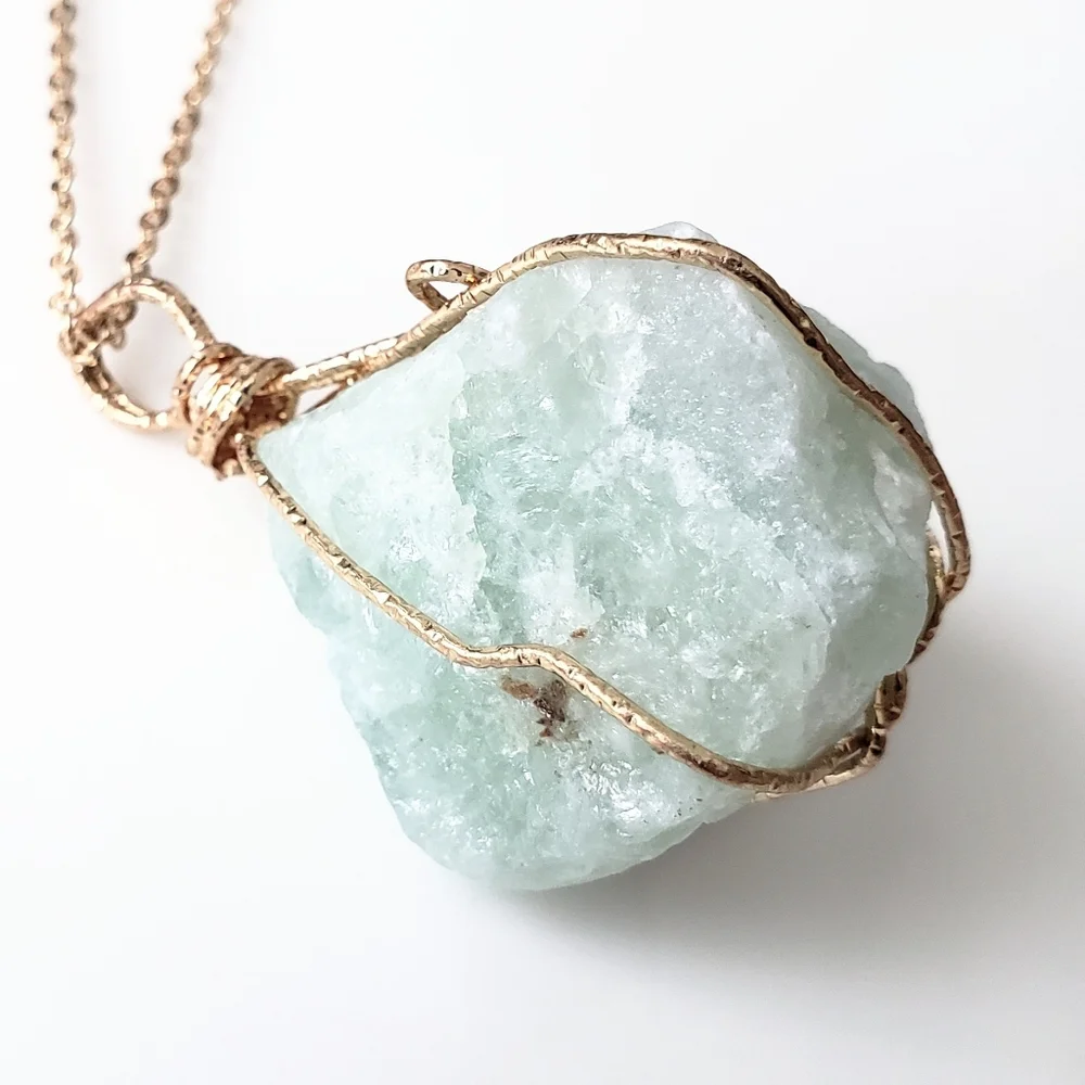 Gold Wire-Wrapped Mint Green Natural Calcite Pendant Necklace - Picture 3 of 4